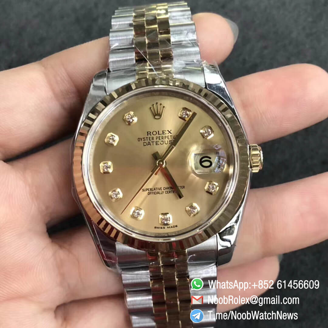 DateJust 36 116233 904L Steel Case Yellow Gold Dial Diamonds Markers on Two Tone Steel Yellow Gold Jubilee Bracelet SH3135 ARF V2 01
