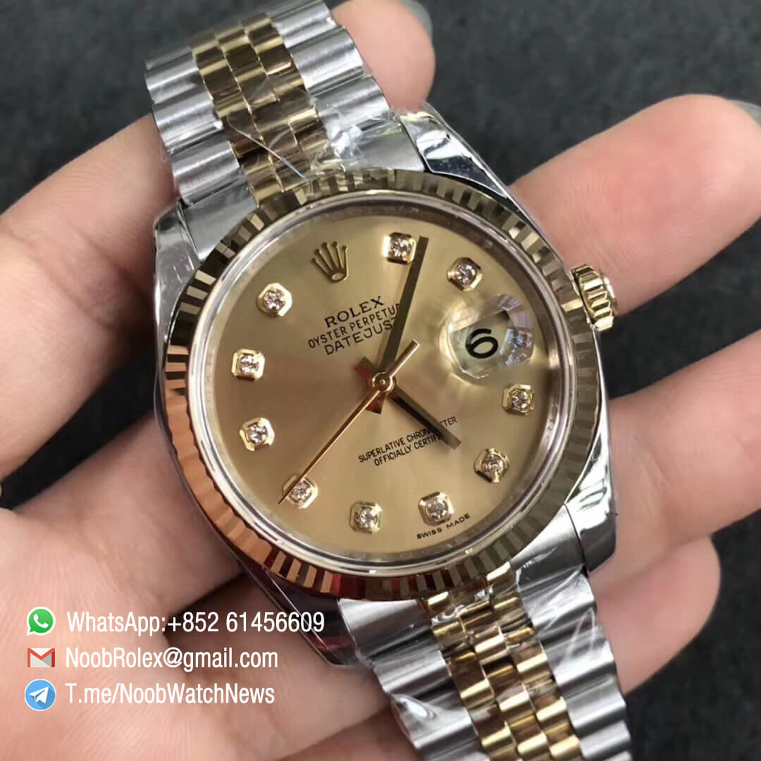 DateJust 36 116233 904L Steel Case Yellow Gold Dial Diamonds Markers on Two Tone Steel Yellow Gold Jubilee Bracelet SH3135 ARF V2 02