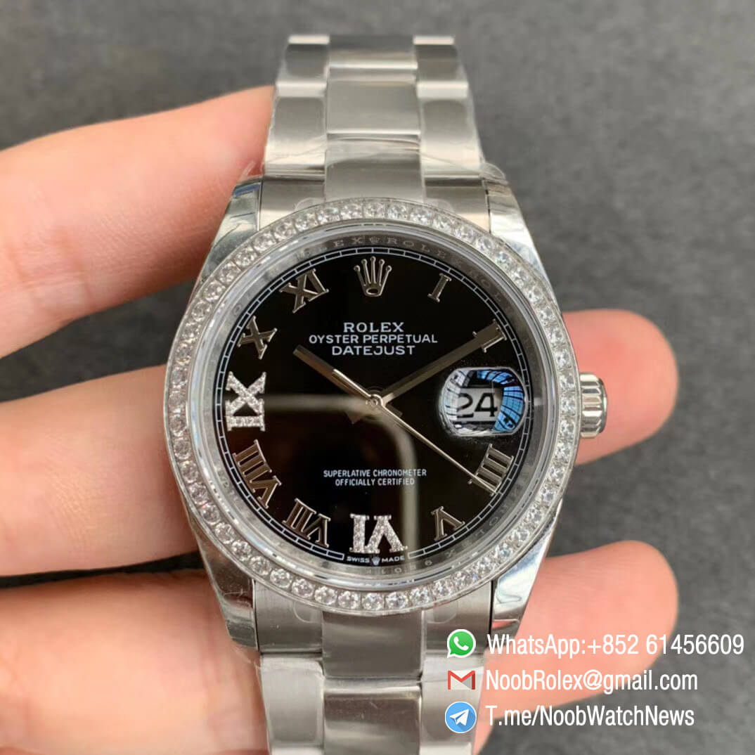 EWF Best Clone Rolex DateJust 36 126284 Ladies Watch Steel Case Diamonds Bezel Black Dial Roman Markers on Oyster Bracelet A3235 01