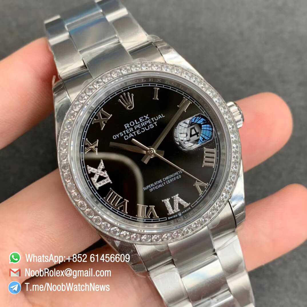 EWF Best Clone Rolex DateJust 36 126284 Ladies Watch Steel Case Diamonds Bezel Black Dial Roman Markers on Oyster Bracelet A3235 02