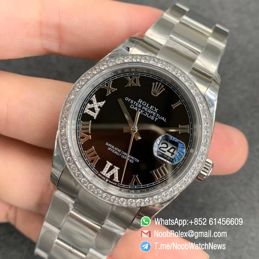 EWF Best Clone Rolex DateJust 36 126284 Ladies Watch Steel Case Diamonds Bezel Black Dial Roman Markers on Oyster Bracelet A3235 03