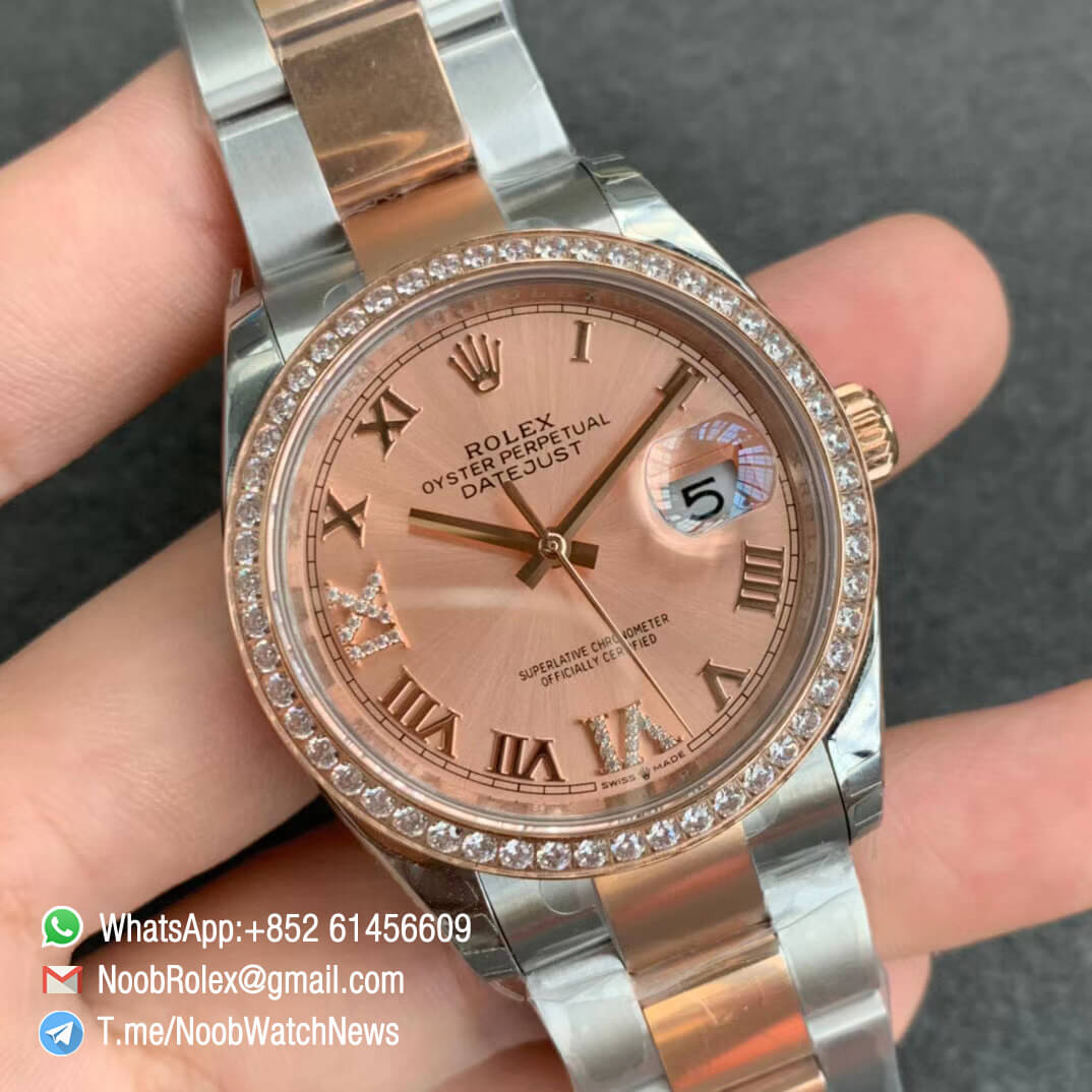 EWF Clone Rolex DateJust 36 126281 Lady Watch Steel Case Rose Gold Bezel with Diamonds Rose Gold Dial with Roman Markers on Two Tone Oyster Bracelet A3235 02