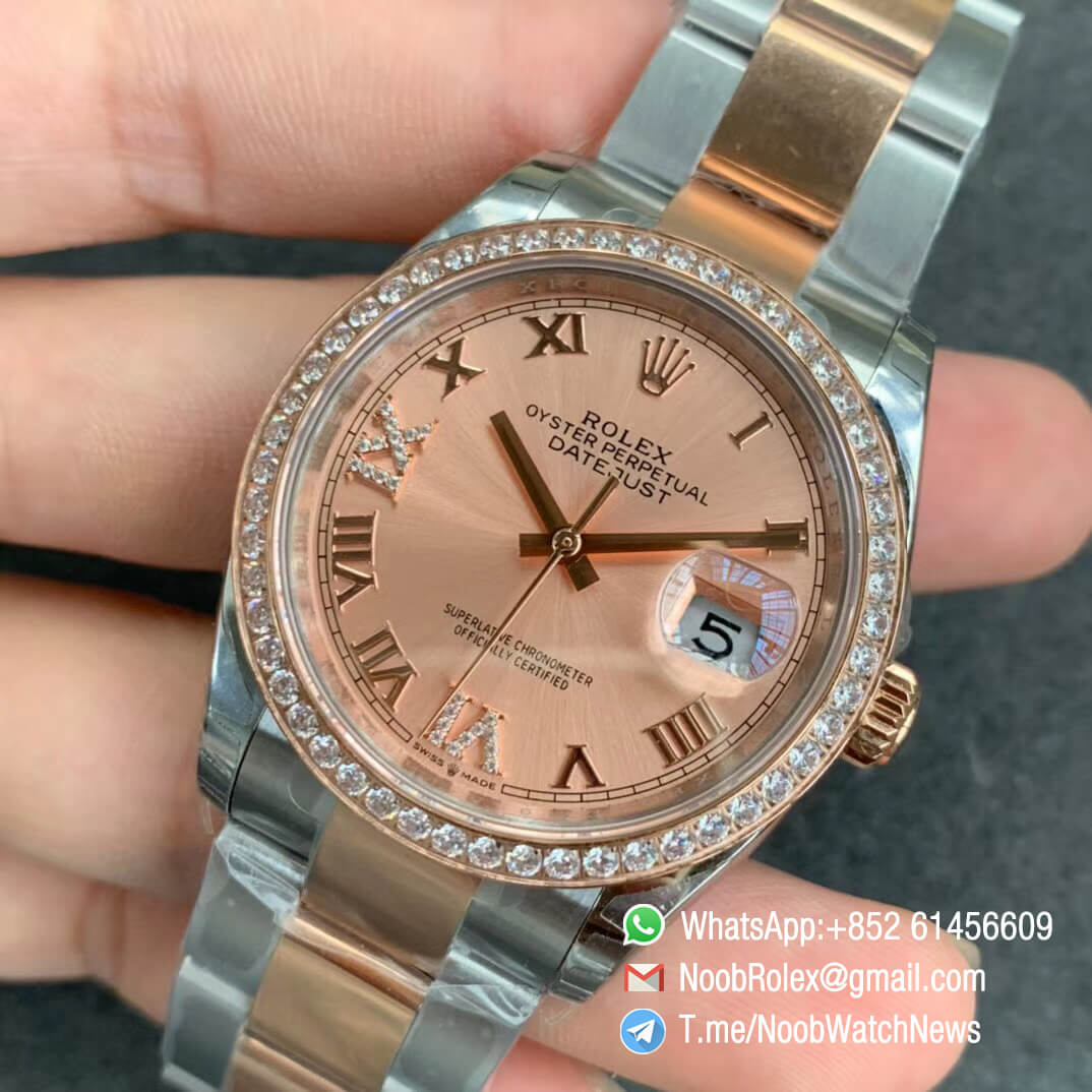 EWF Clone Rolex DateJust 36 126281 Lady Watch Steel Case Rose Gold Bezel with Diamonds Rose Gold Dial with Roman Markers on Two Tone Oyster Bracelet A3235 03