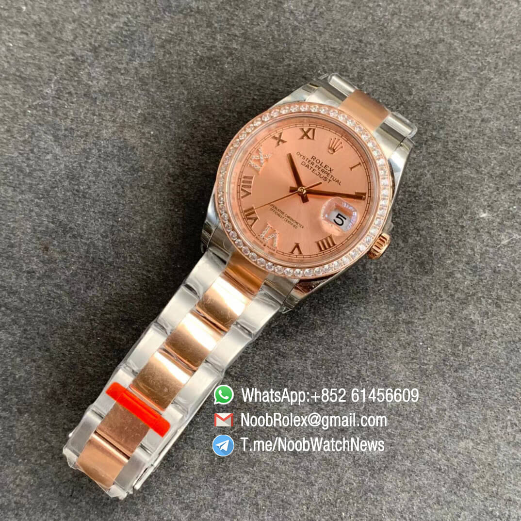 EWF Clone Rolex DateJust 36 126281 Lady Watch Steel Case Rose Gold Bezel with Diamonds Rose Gold Dial with Roman Markers on Two Tone Oyster Bracelet A3235 09