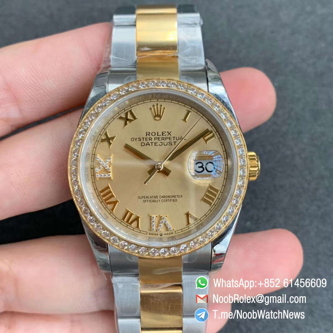 EWF Clone Rolex DateJust 36 126283 Lady Watch Steel Case Yellow Gold Bezel with Diamonds Yellow Gold Dial with Roman Markers on Two Tone Oyster Bracelet A3235 01
