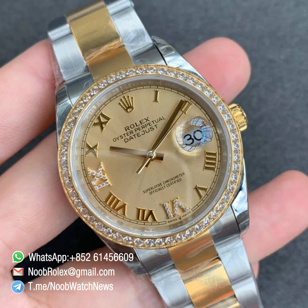 EWF Clone Rolex DateJust 36 126283 Lady Watch Steel Case Yellow Gold Bezel with Diamonds Yellow Gold Dial with Roman Markers on Two Tone Oyster Bracelet A3235 02