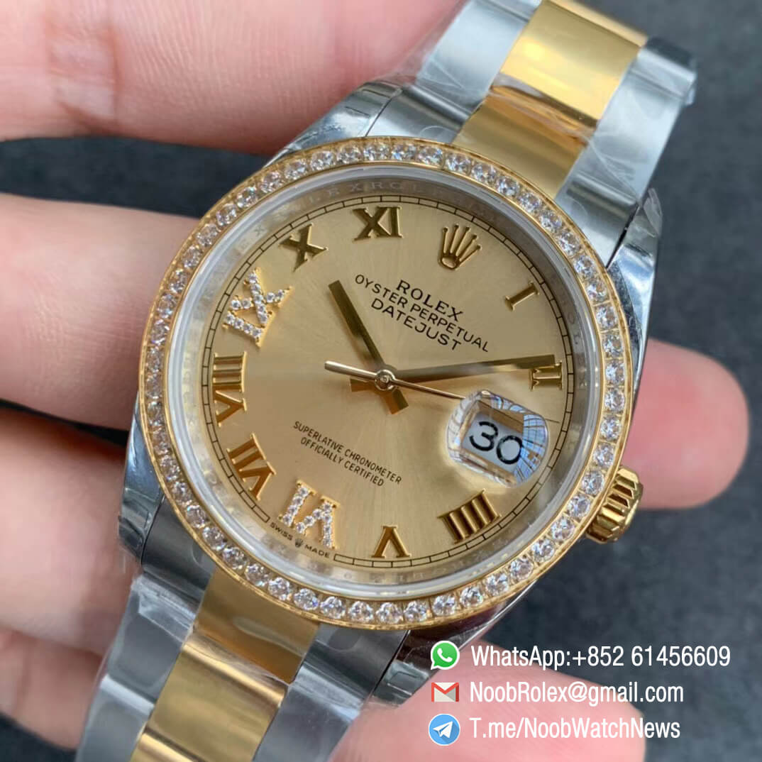 EWF Clone Rolex DateJust 36 126283 Lady Watch Steel Case Yellow Gold Bezel with Diamonds Yellow Gold Dial with Roman Markers on Two Tone Oyster Bracelet A3235 03