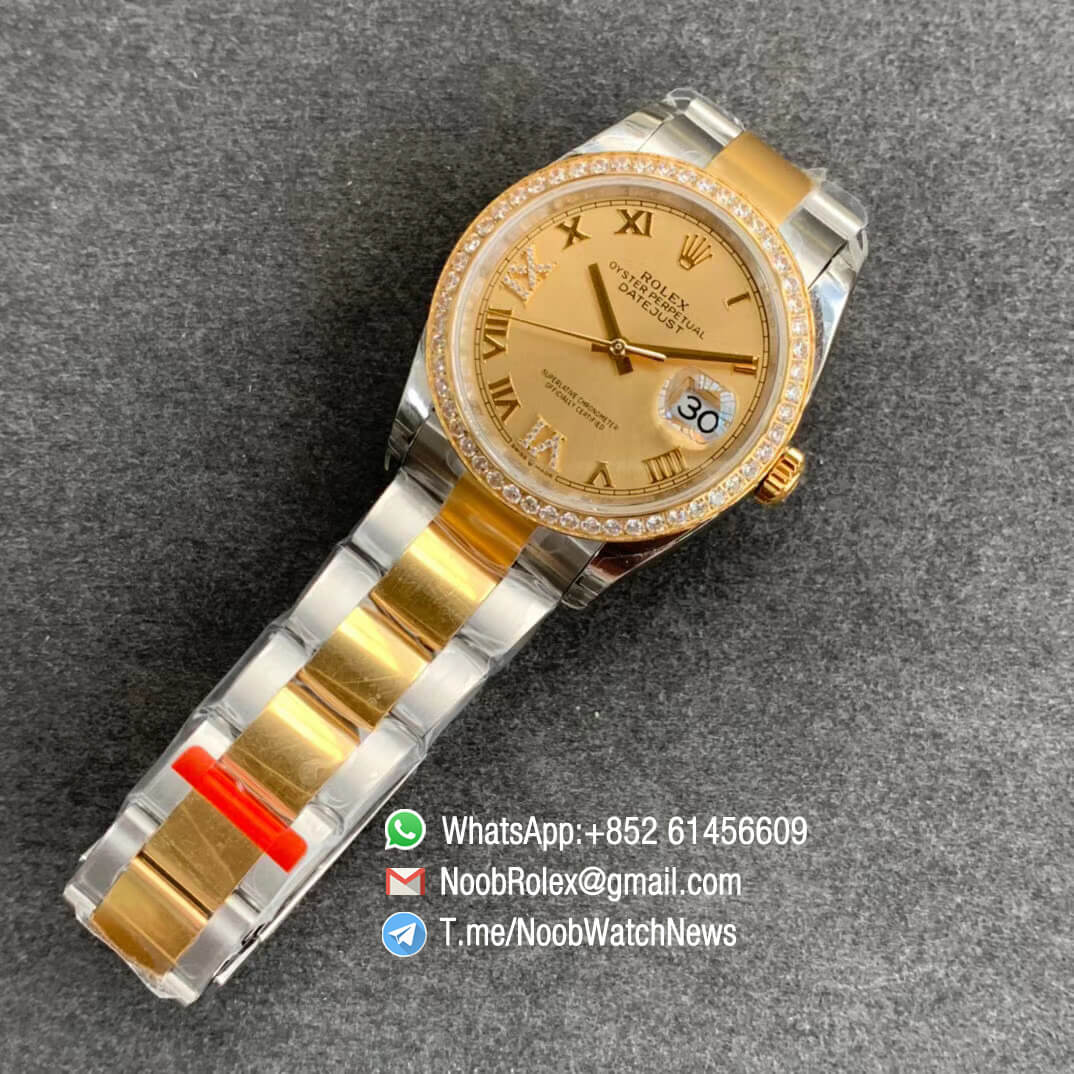 EWF Clone Rolex DateJust 36 126283 Lady Watch Steel Case Yellow Gold Bezel with Diamonds Yellow Gold Dial with Roman Markers on Two Tone Oyster Bracelet A3235 09