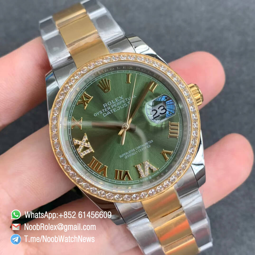 EWF Clone Rolex DateJust 36 126283 Steel Case Yellow Gold Bezel with Diamonds Green Dial with Roman Markers on Two Tone Oyster Bracelet A3235 02