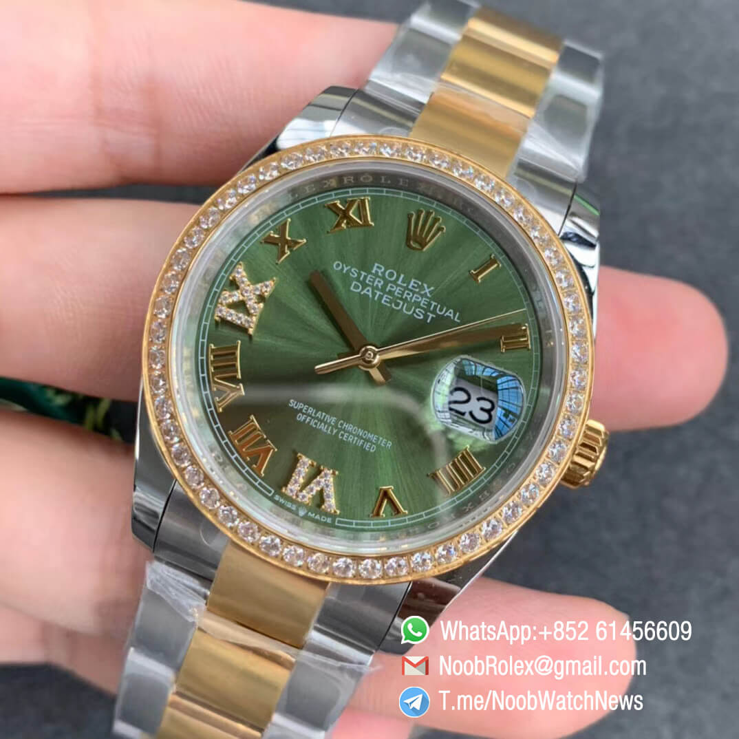 EWF Clone Rolex DateJust 36 126283 Steel Case Yellow Gold Bezel with Diamonds Green Dial with Roman Markers on Two Tone Oyster Bracelet A3235 03