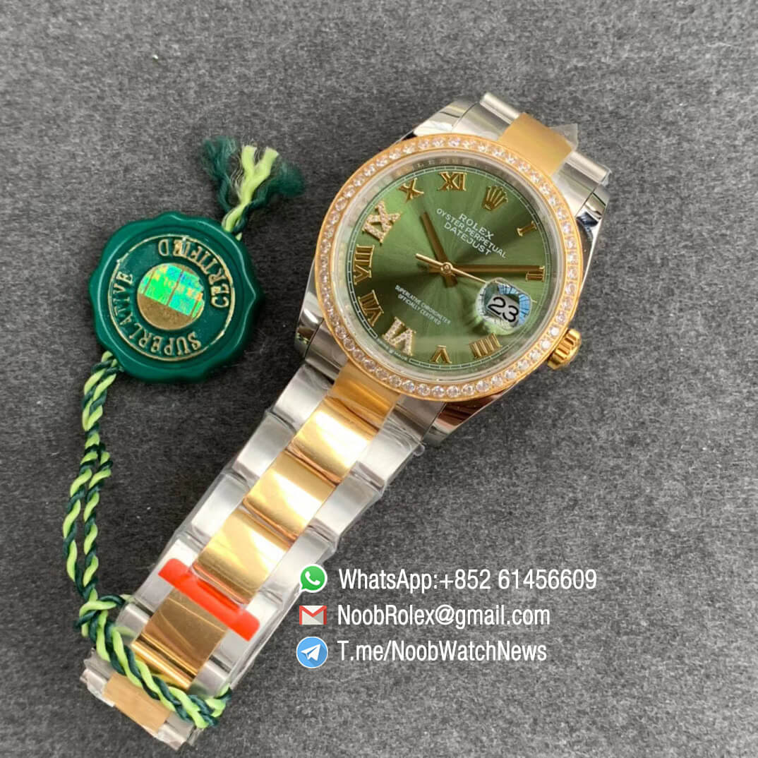 EWF Clone Rolex DateJust 36 126283 Steel Case Yellow Gold Bezel with Diamonds Green Dial with Roman Markers on Two Tone Oyster Bracelet A3235 09