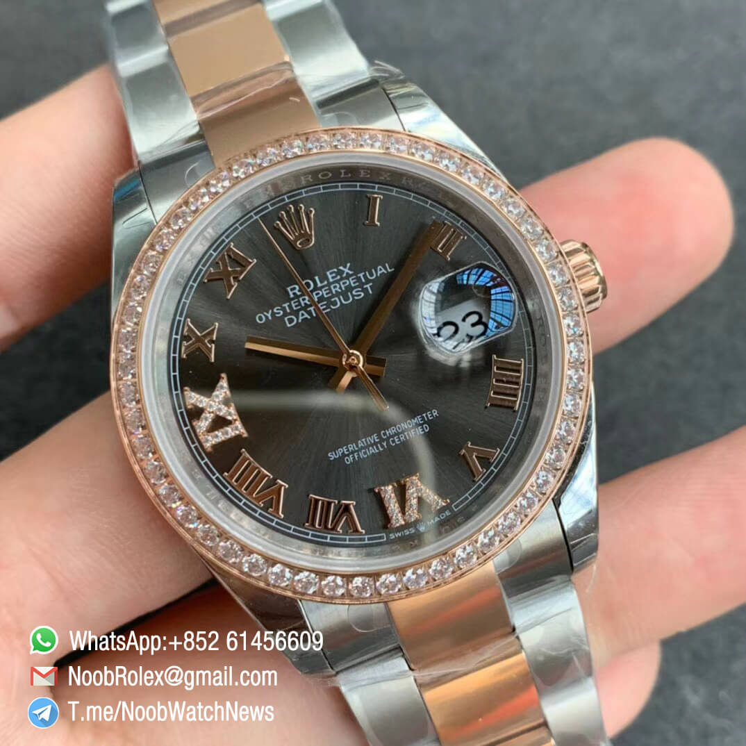 EWF Quality RepWatch Rolex DateJust 36 126281 Ladies Watch Steel Case Rose Gold Diamonds Bezel Gray Dial Roman Markers on Two Tone Oyster Bracelet A3235 02