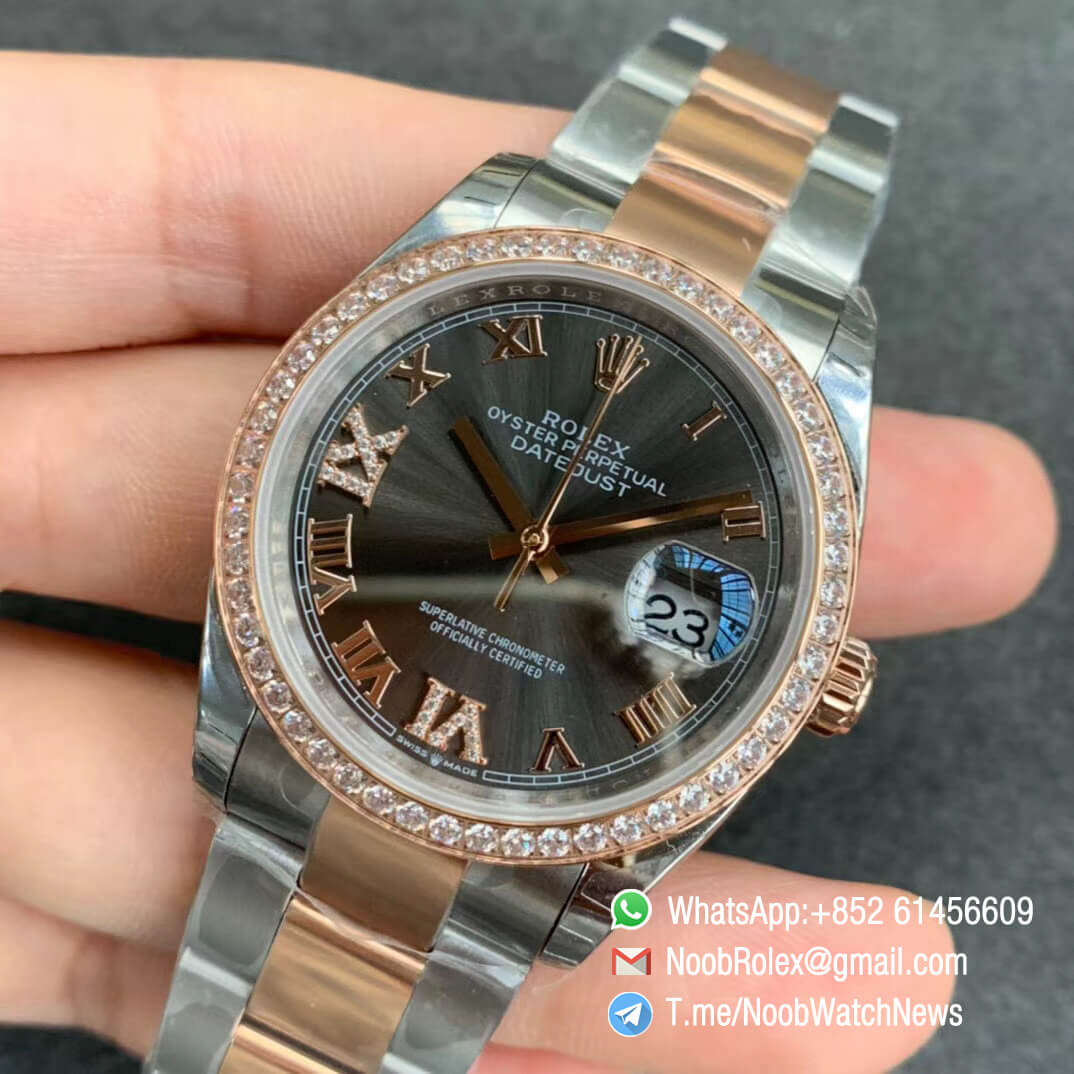 EWF Quality RepWatch Rolex DateJust 36 126281 Ladies Watch Steel Case Rose Gold Diamonds Bezel Gray Dial Roman Markers on Two Tone Oyster Bracelet A3235 03
