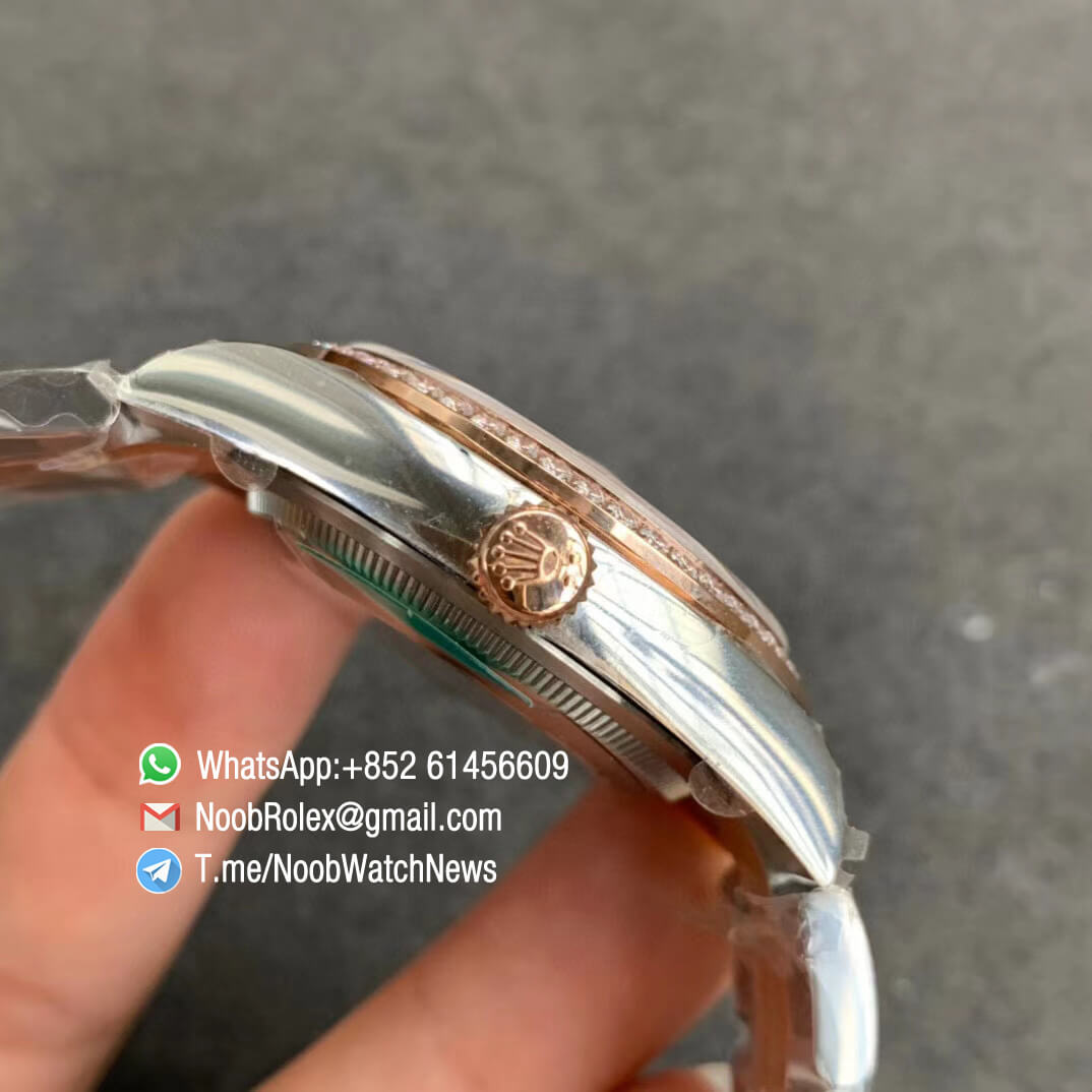 EWF Quality RepWatch Rolex DateJust 36 126281 Ladies Watch Steel Case Rose Gold Diamonds Bezel Gray Dial Roman Markers on Two Tone Oyster Bracelet A3235 04