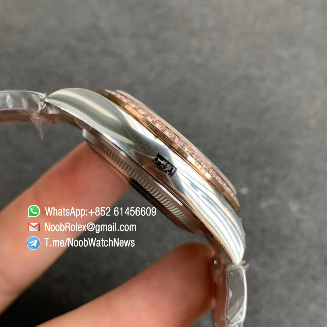 EWF Quality RepWatch Rolex DateJust 36 126281 Ladies Watch Steel Case Rose Gold Diamonds Bezel Gray Dial Roman Markers on Two Tone Oyster Bracelet A3235 05