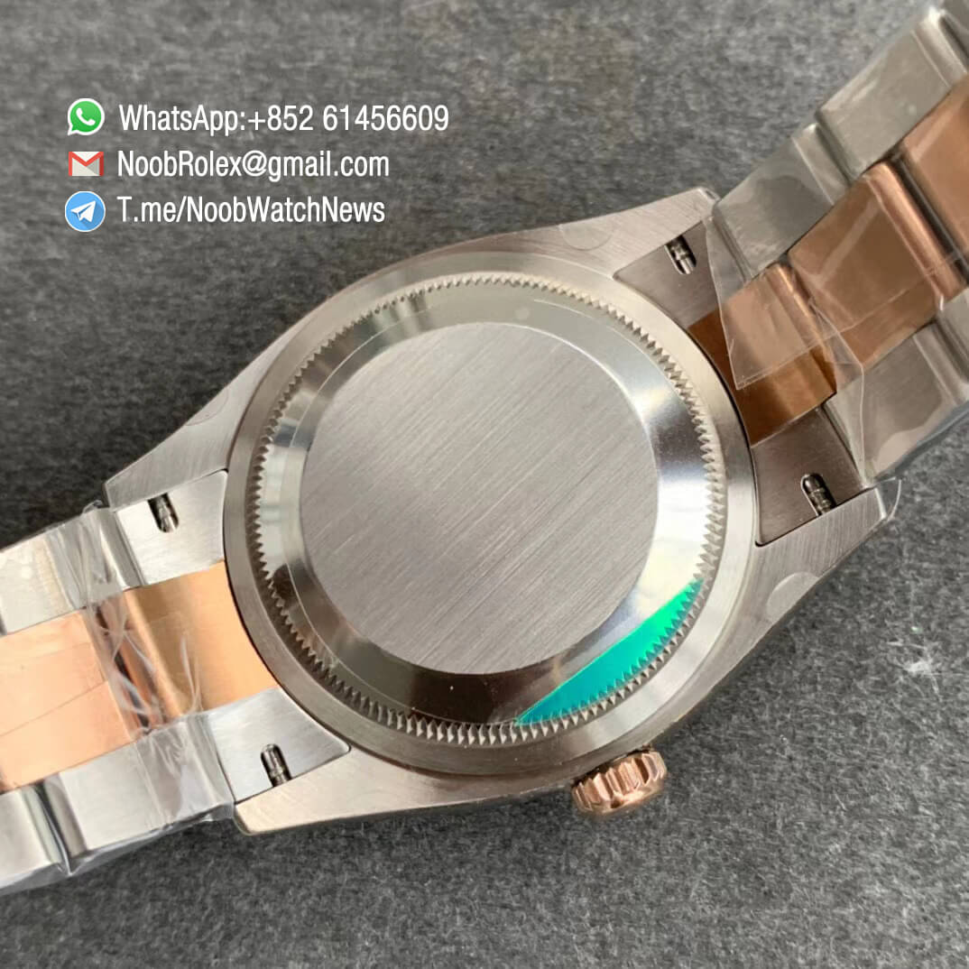 EWF Quality RepWatch Rolex DateJust 36 126281 Ladies Watch Steel Case Rose Gold Diamonds Bezel Gray Dial Roman Markers on Two Tone Oyster Bracelet A3235 08