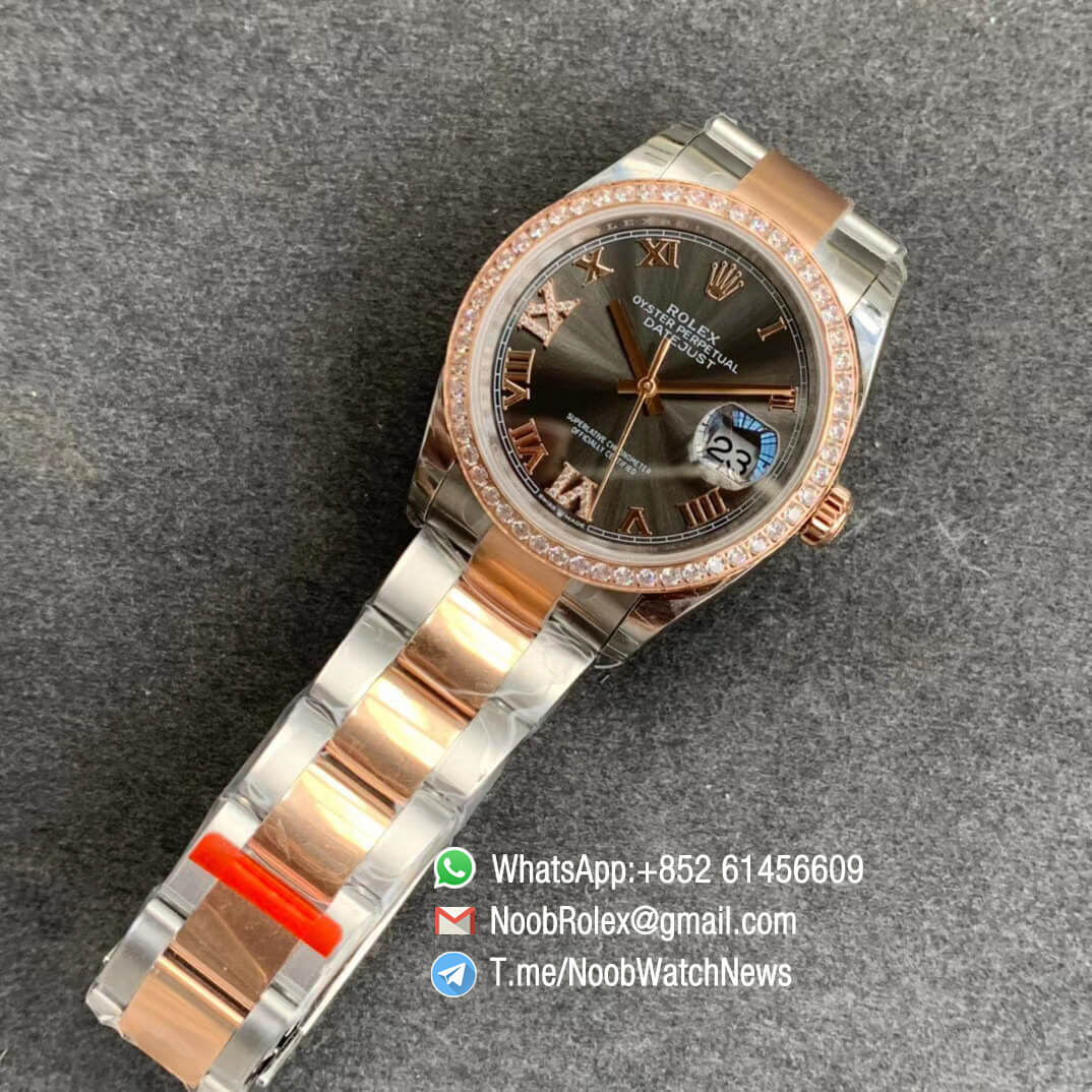 EWF Quality RepWatch Rolex DateJust 36 126281 Ladies Watch Steel Case Rose Gold Diamonds Bezel Gray Dial Roman Markers on Two Tone Oyster Bracelet A3235 09