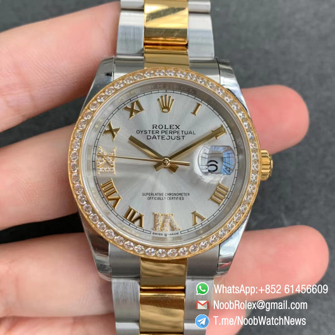 EWF Replica Rolex DateJust 36 126283 Steel Case Diamonds Bezel Silver Dial with Roman Markers on Two Tone Yellow Gold Steel Oyster Bracelet A3235 01