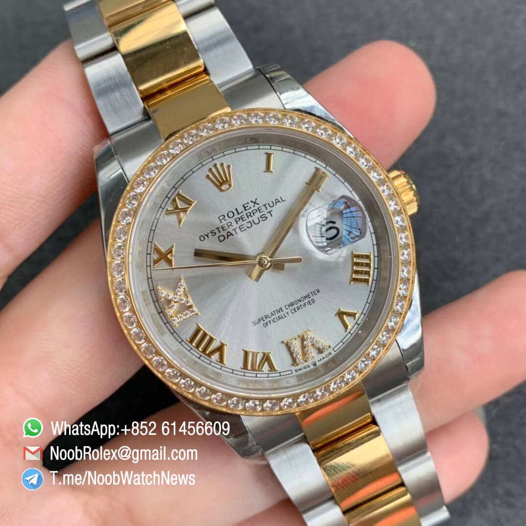 EWF Replica Rolex DateJust 36 126283 Steel Case Diamonds Bezel Silver Dial with Roman Markers on Two Tone Yellow Gold Steel Oyster Bracelet A3235 02