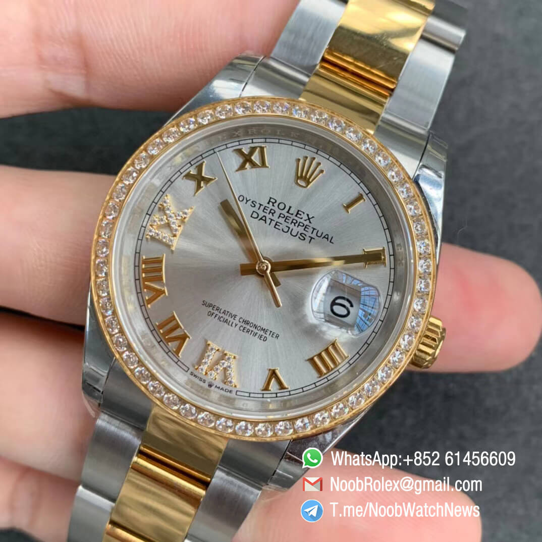 EWF Replica Rolex DateJust 36 126283 Steel Case Diamonds Bezel Silver Dial with Roman Markers on Two Tone Yellow Gold Steel Oyster Bracelet A3235 03
