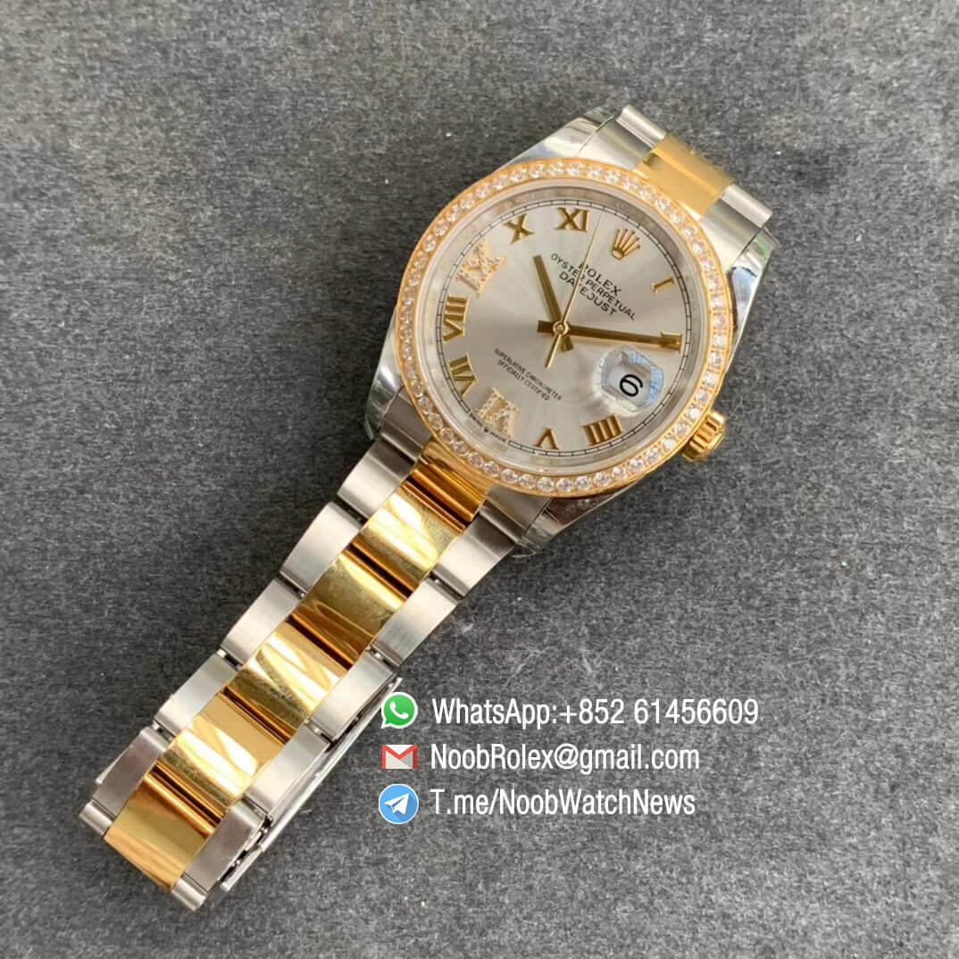 EWF Replica Rolex DateJust 36 126283 Steel Case Diamonds Bezel Silver Dial with Roman Markers on Two Tone Yellow Gold Steel Oyster Bracelet A3235 09