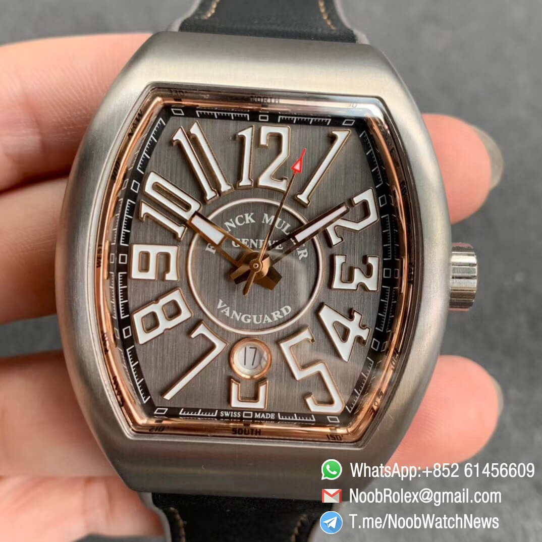 GF Best Quality Franck Muller Vanguard V45 V 45 SC DT Titanium Case Grey Dial on Brown Rubber Strap A2824 01