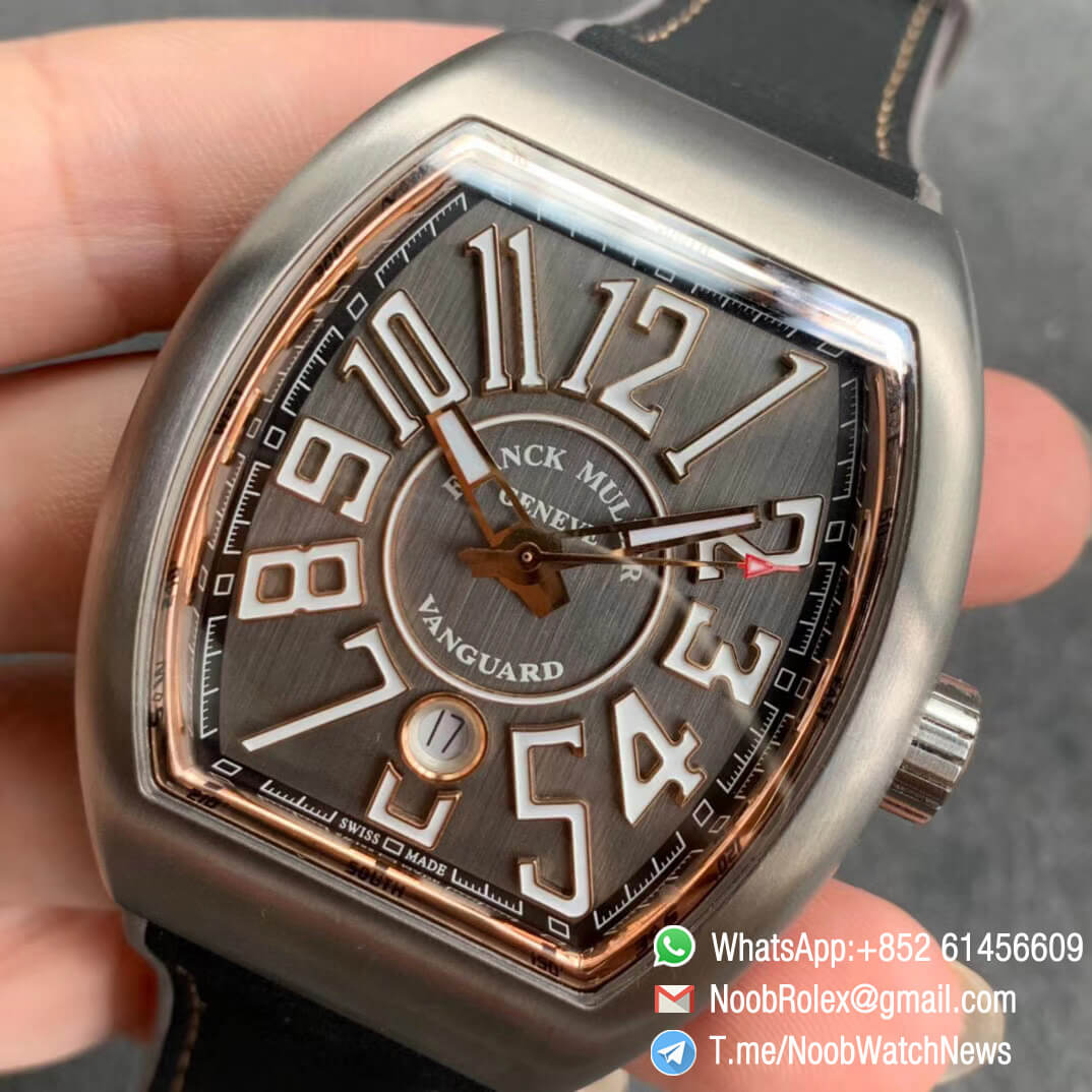 GF Best Quality Franck Muller Vanguard V45 V 45 SC DT Titanium Case Grey Dial on Brown Rubber Strap A2824 03