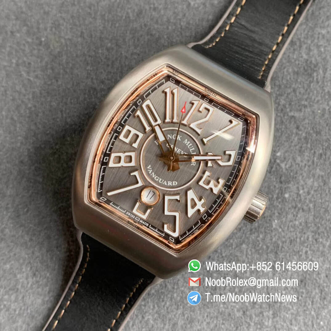 GF Best Quality Franck Muller Vanguard V45 V 45 SC DT Titanium Case Grey Dial on Brown Rubber Strap A2824 09