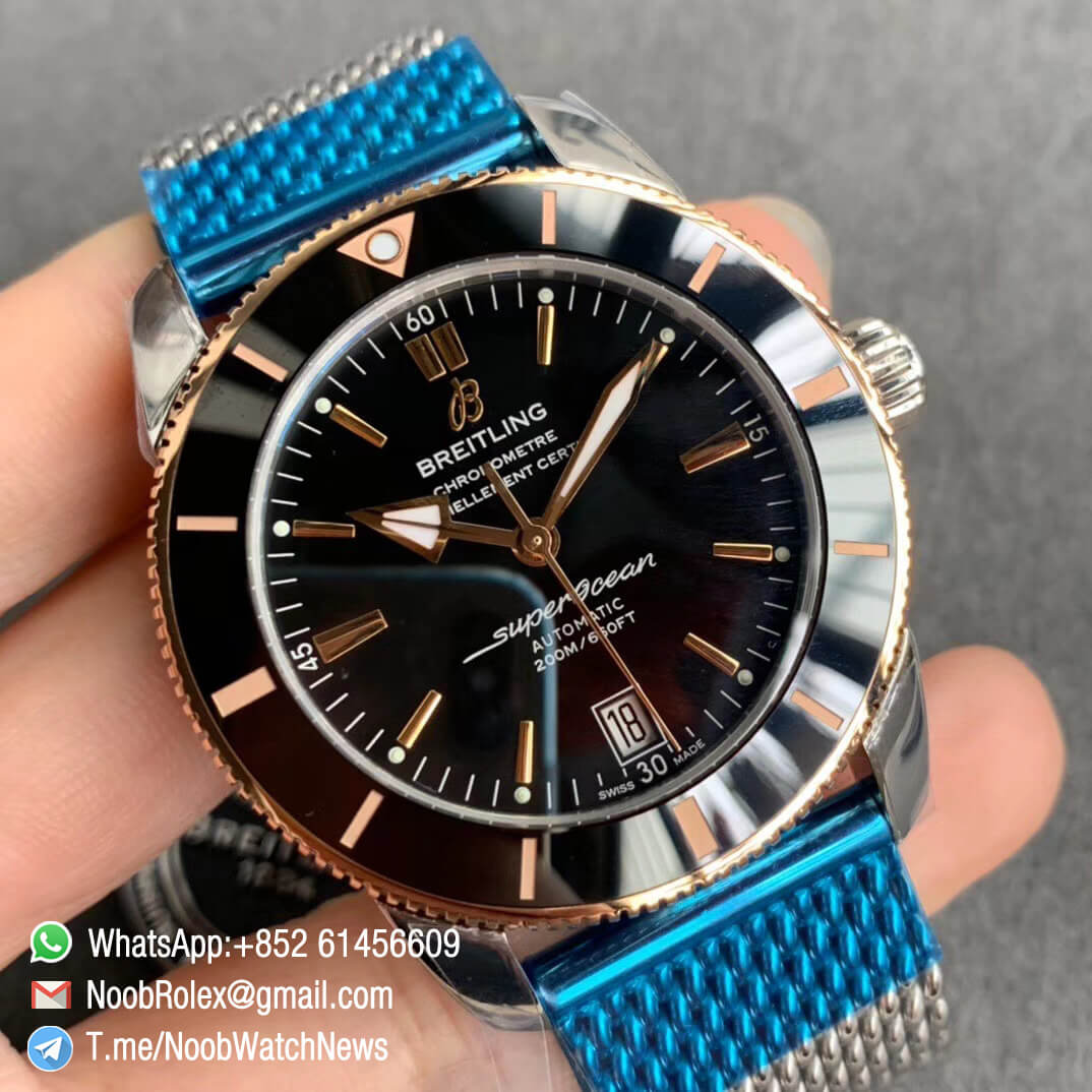 GF Top Quality SuperOcean Heritage II 42mm Rose Gold Steel Case Black Dial with RG Markers Hands Black Bezel on Steel Mesh Bracelet A2824 V2 02
