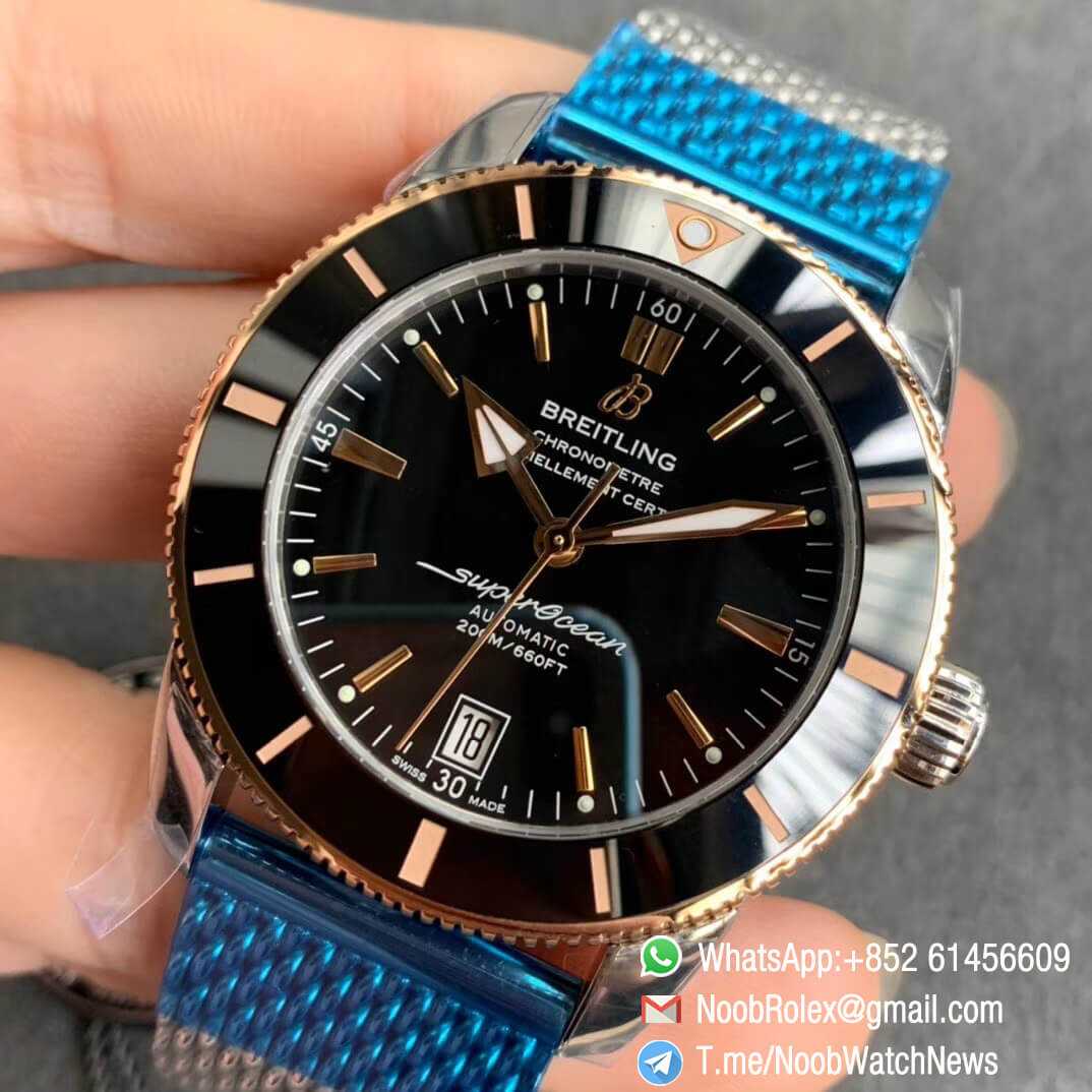 GF Top Quality SuperOcean Heritage II 42mm Rose Gold Steel Case Black Dial with RG Markers Hands Black Bezel on Steel Mesh Bracelet A2824 V2 03