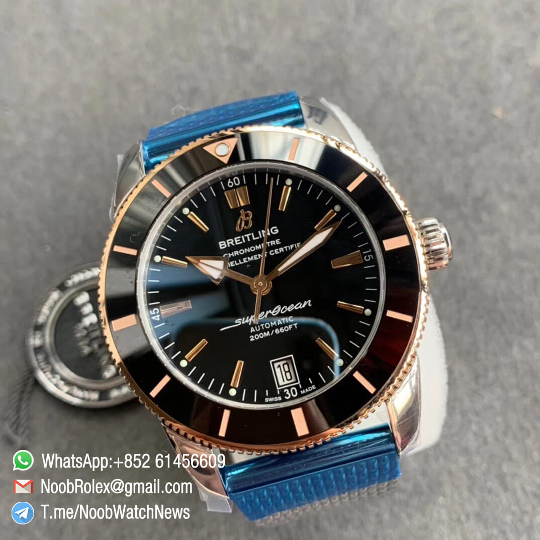 GF Top Quality SuperOcean Heritage II 42mm Rose Gold Steel Case Black Dial with RG Markers Hands Black Bezel on Steel Mesh Bracelet A2824 V2 09