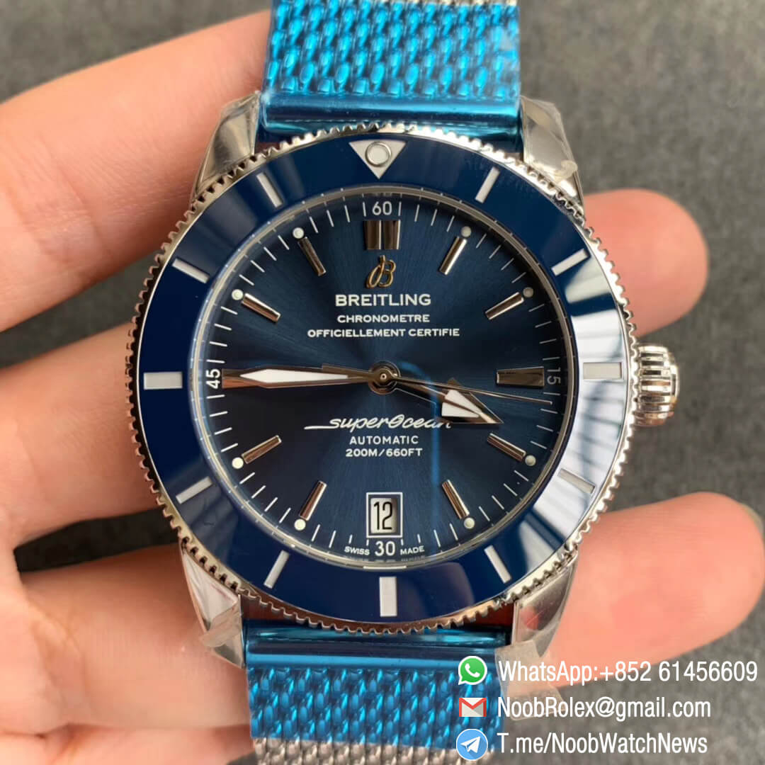 GF V2 Best Edition SuperOcean Heritage II 42mm Steel Case Blue Dial Blue Bezel on Steel Mesh Bracelet A2824 01