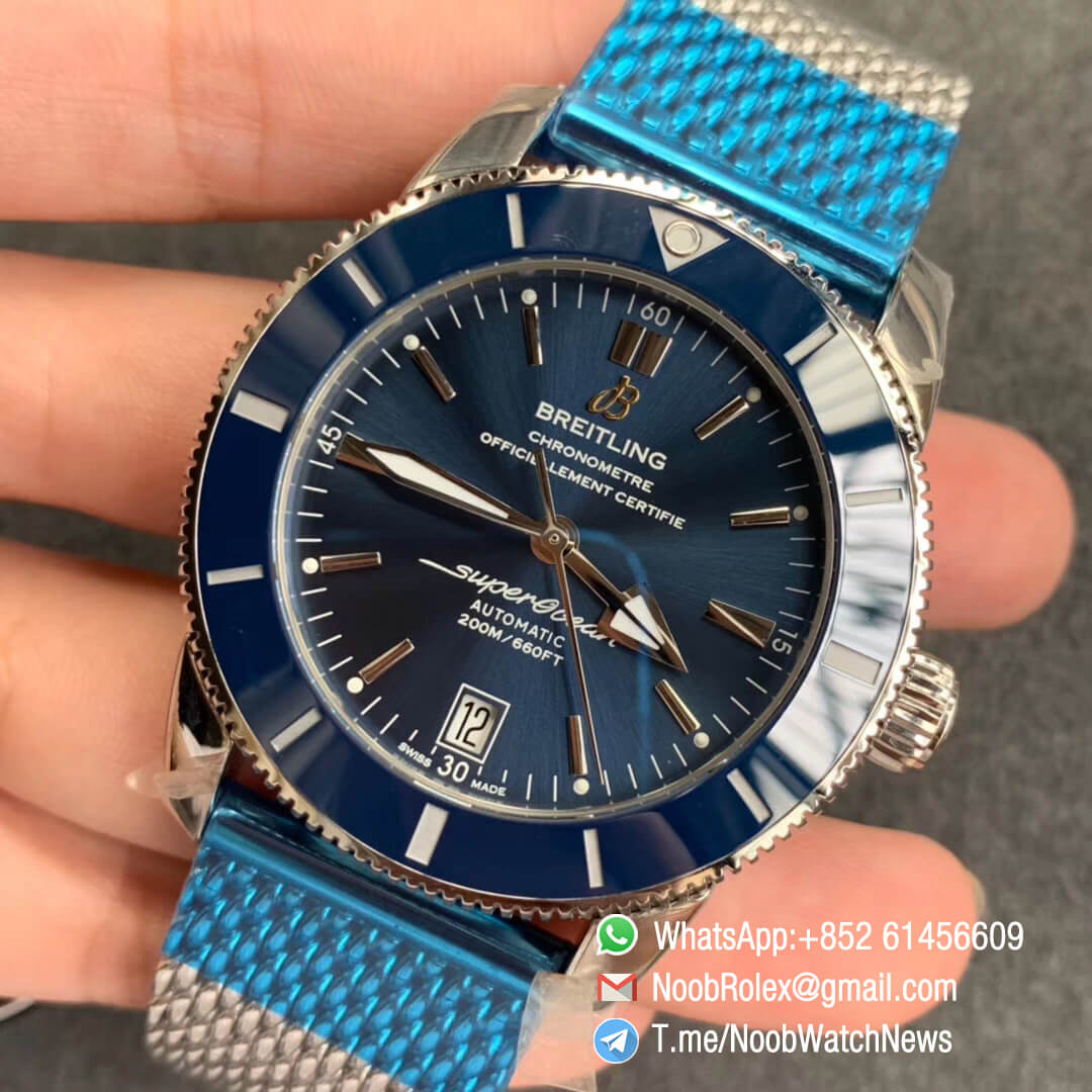 GF V2 Best Edition SuperOcean Heritage II 42mm Steel Case Blue Dial Blue Bezel on Steel Mesh Bracelet A2824 03