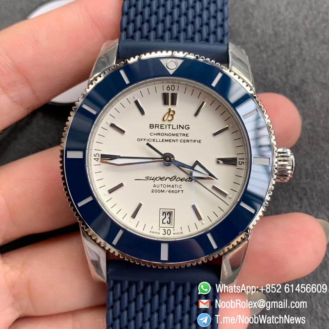 GF V2 Breitling SuperOcean Heritage ii 42mm Steel Case White Dial Blue Bezel on Blue Rubber Strap A2824 01