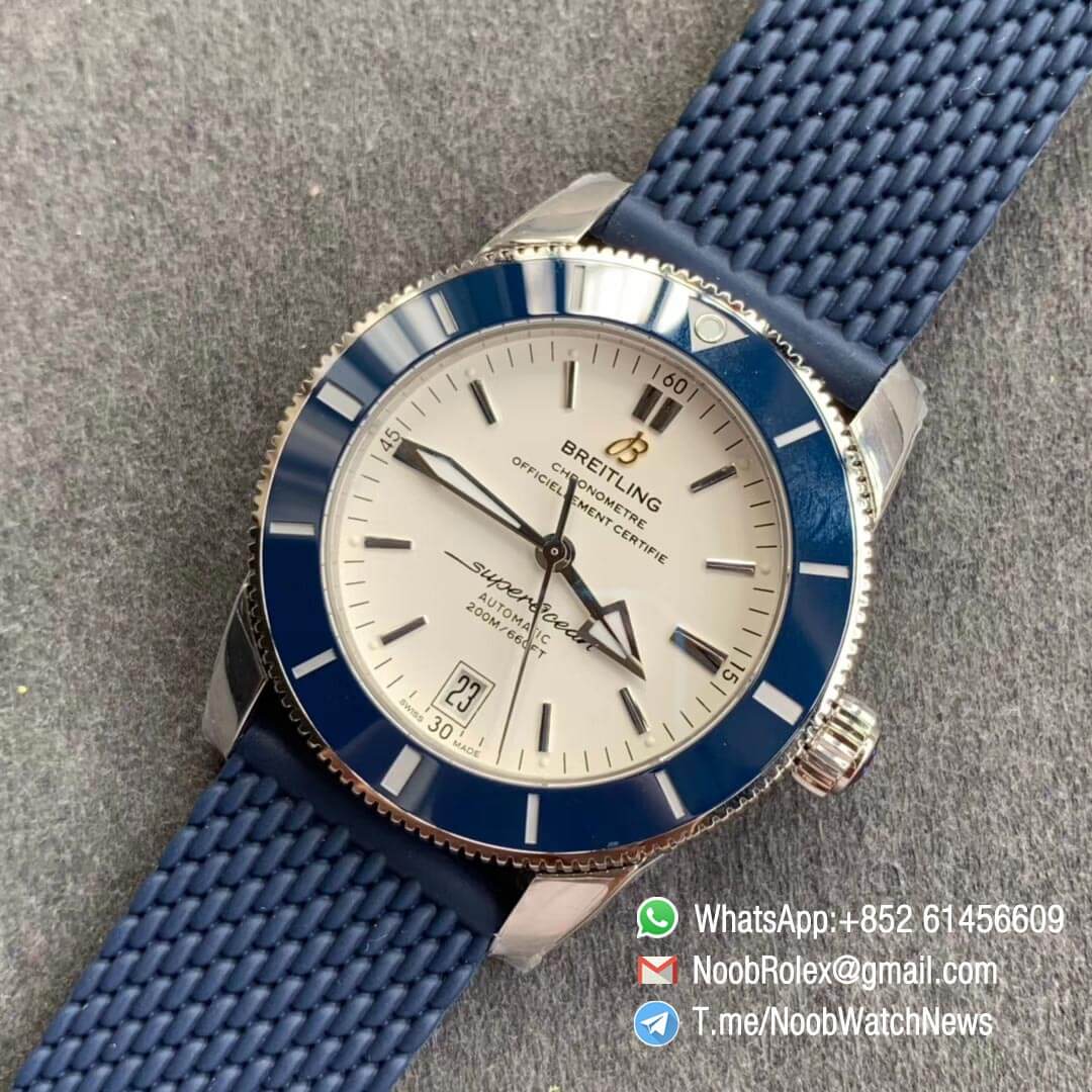 GF V2 Breitling SuperOcean Heritage ii 42mm Steel Case White Dial Blue Bezel on Blue Rubber Strap A2824 09
