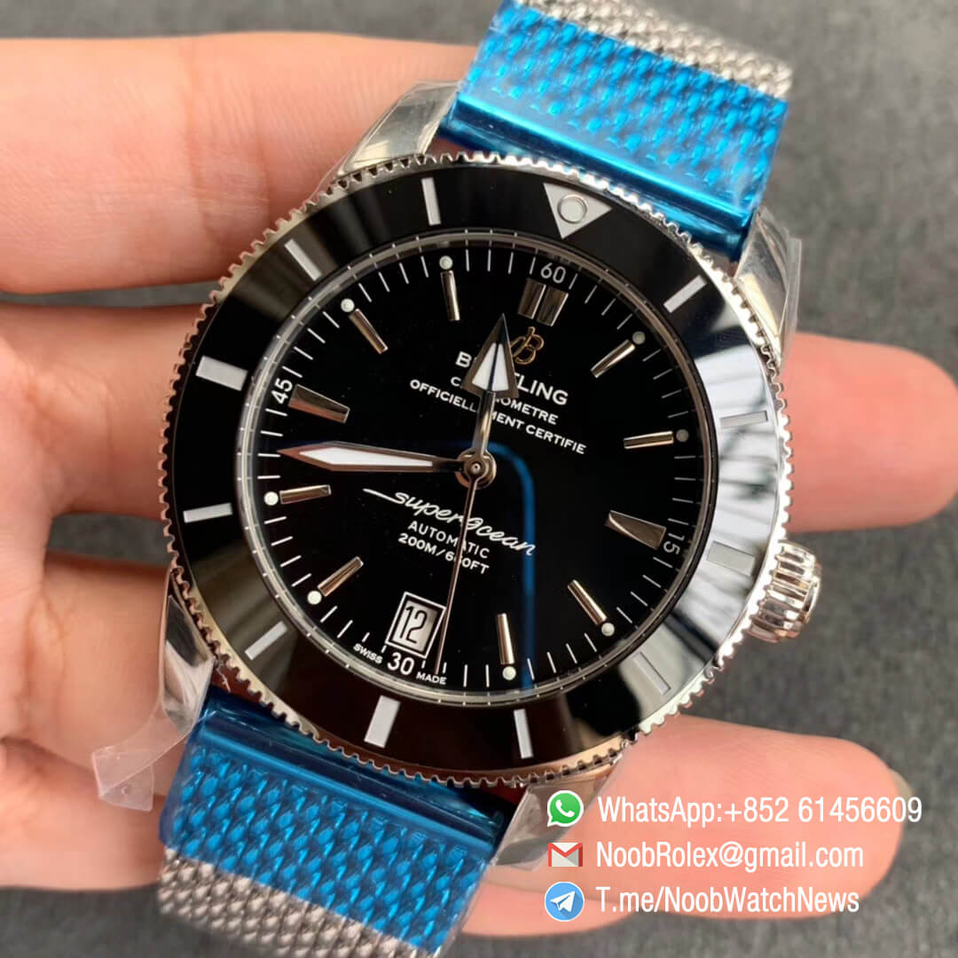 GF V2 Replica Breitling SuperOcean Heritage II Steel Case Black Dial Black Bezel on Steel Mesh Bracelet A2824 03