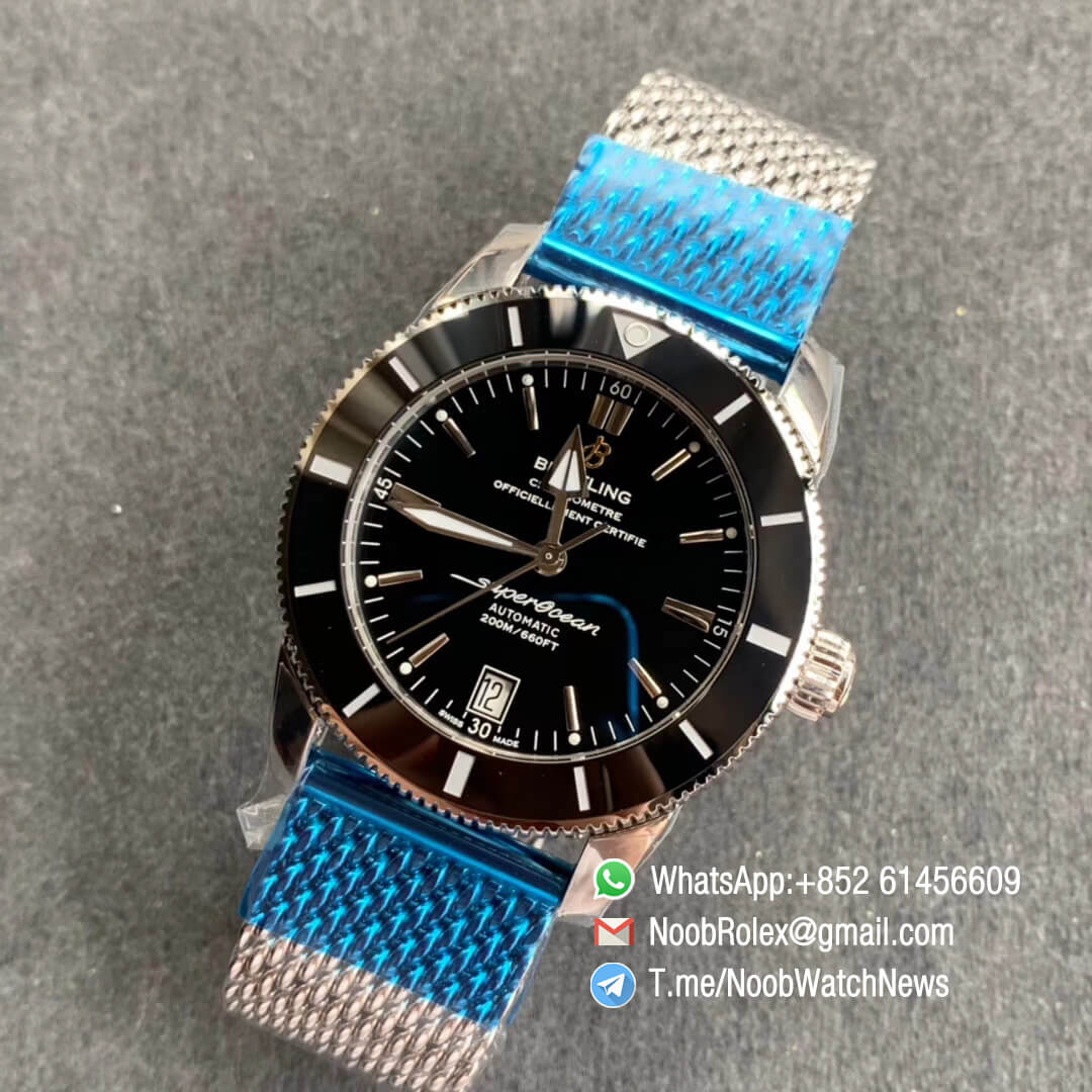 GF V2 Replica Breitling SuperOcean Heritage II Steel Case Black Dial Black Bezel on Steel Mesh Bracelet A2824 09