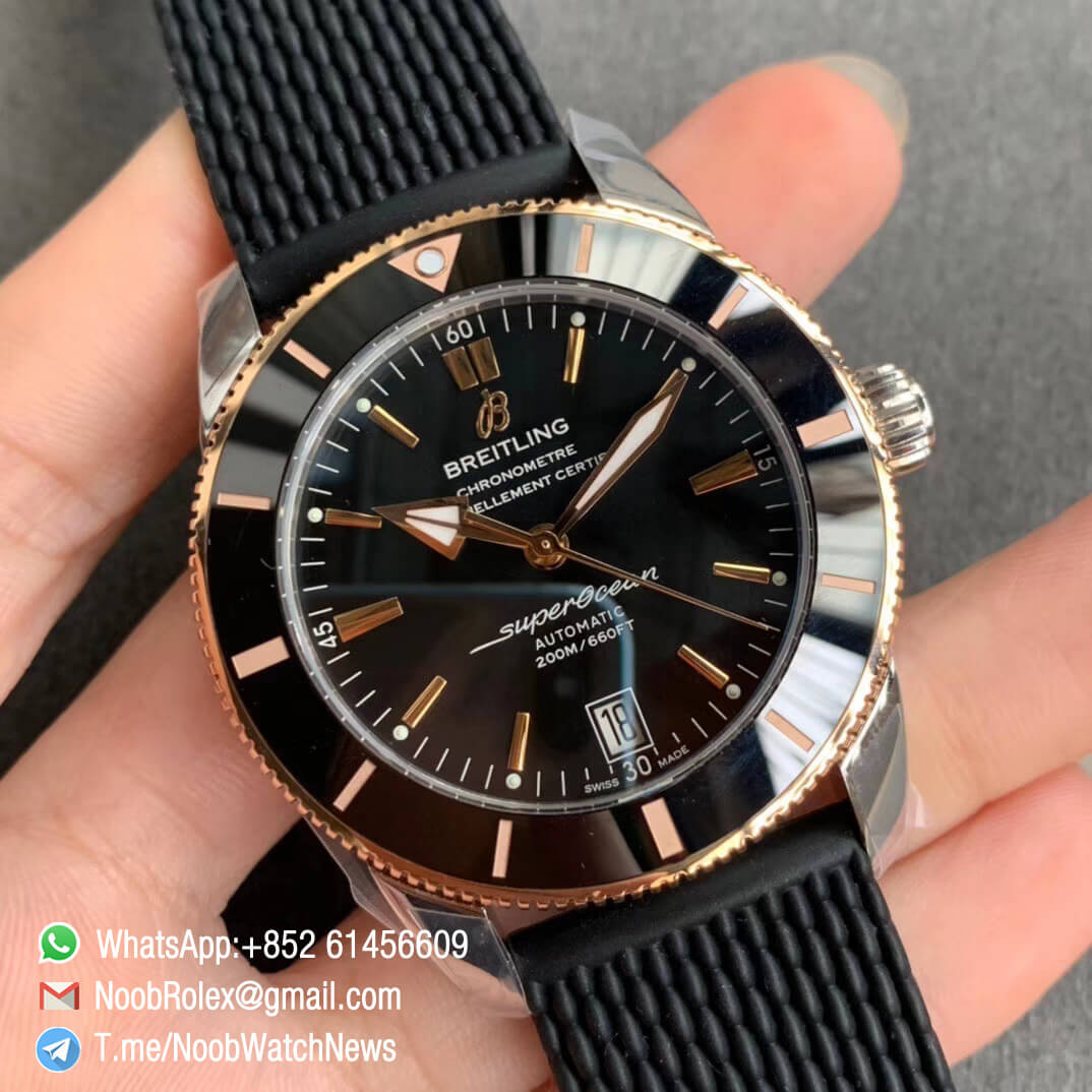 GF V2 SuperOcean Heritage II 42mm Rose Gold Steel Case Black Dial RG Hands Markers Black Bezel on Black Rubber Strap A2824 02