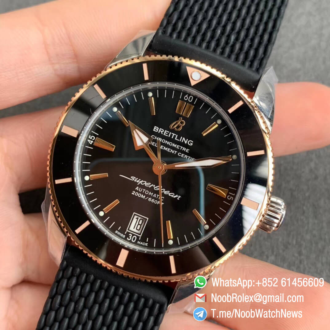 GF V2 SuperOcean Heritage II 42mm Rose Gold Steel Case Black Dial RG Hands Markers Black Bezel on Black Rubber Strap A2824 03