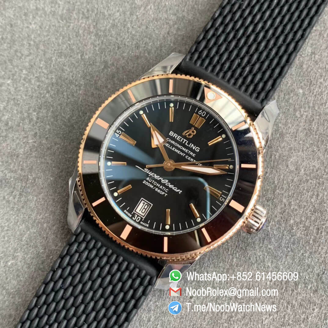 GF V2 SuperOcean Heritage II 42mm Rose Gold Steel Case Black Dial RG Hands Markers Black Bezel on Black Rubber Strap A2824 09