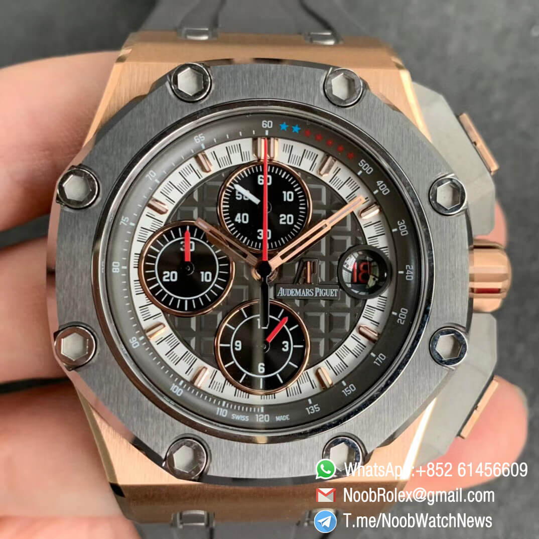 JF Best Edition Royal Oak Offshore 26568OM Michael Schumacher Rose Gold Case Cermet Bezel Grey Dial Black Chrono Sub Dial A3126 01