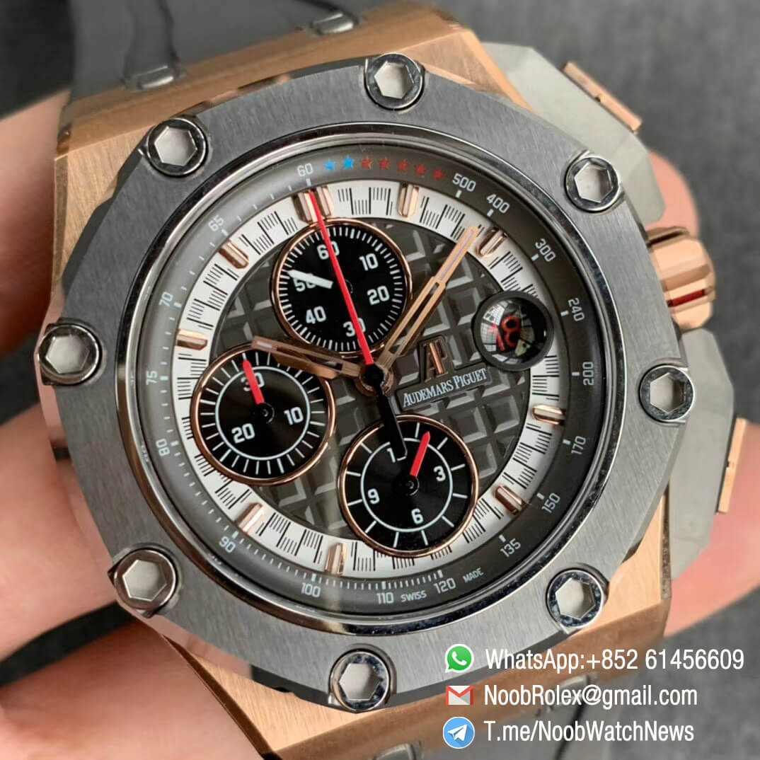 JF Best Edition Royal Oak Offshore 26568OM Michael Schumacher Rose Gold Case Cermet Bezel Grey Dial Black Chrono Sub Dial A3126 02