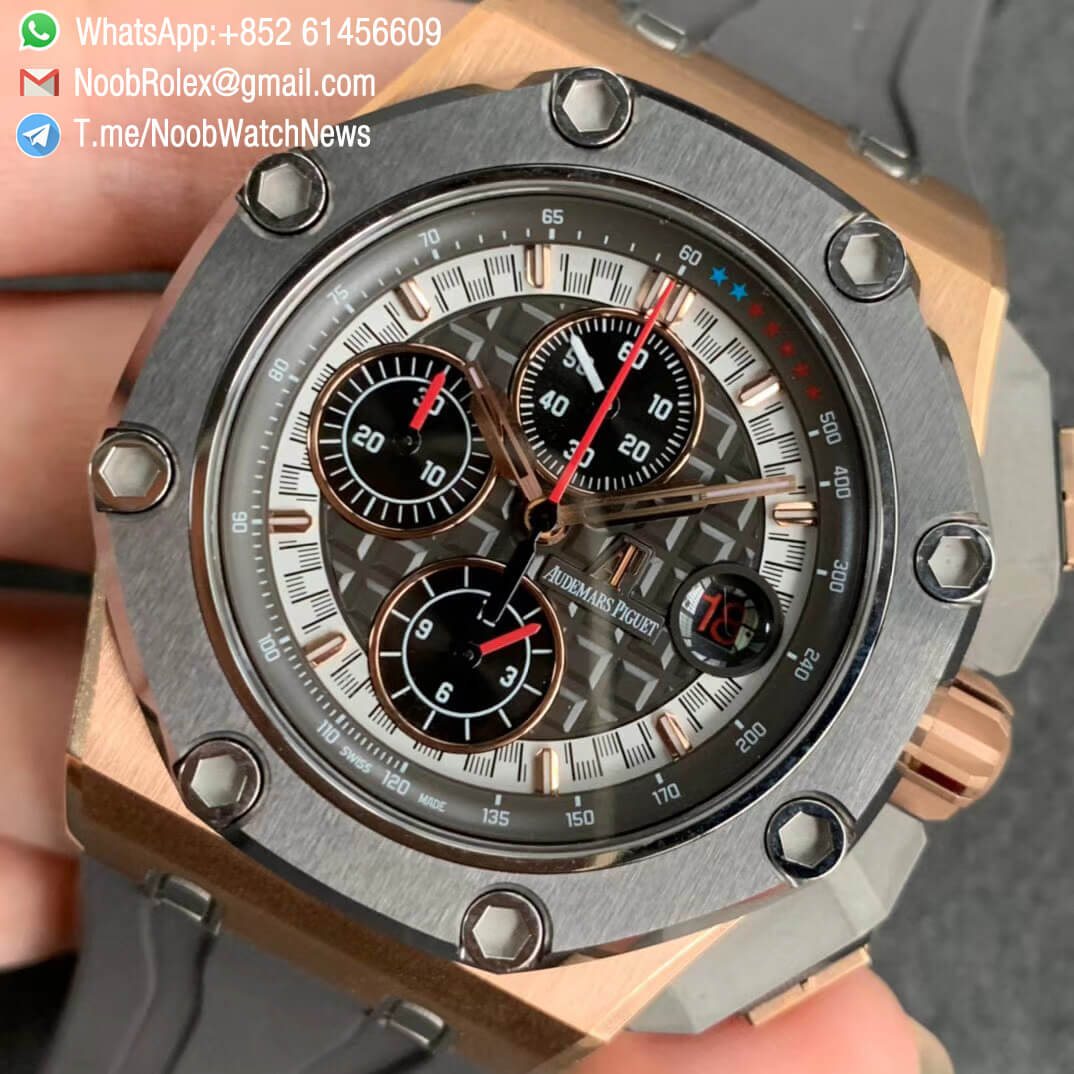 JF Best Edition Royal Oak Offshore 26568OM Michael Schumacher Rose Gold Case Cermet Bezel Grey Dial Black Chrono Sub Dial A3126 03