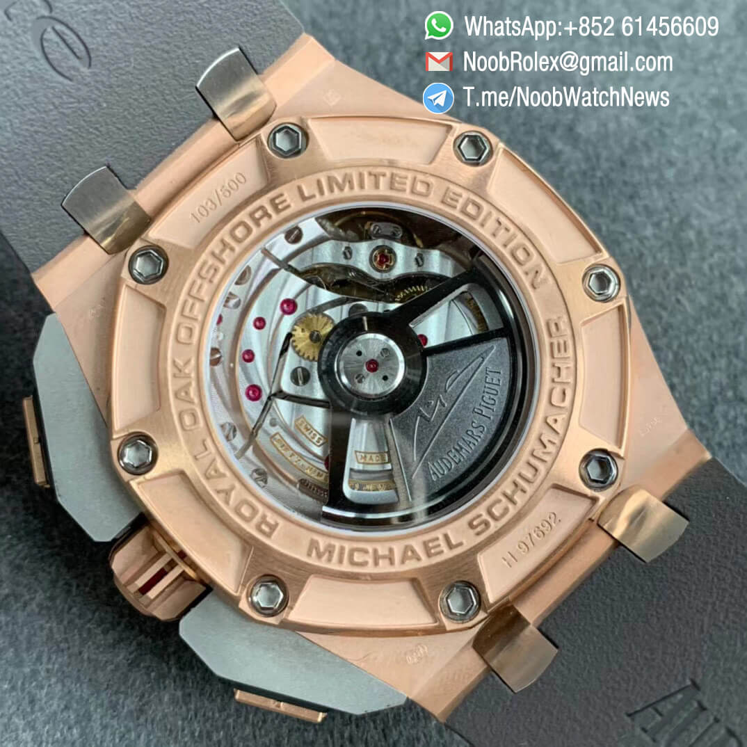 JF Best Edition Royal Oak Offshore 26568OM Michael Schumacher Rose Gold Case Cermet Bezel Grey Dial Black Chrono Sub Dial A3126 08