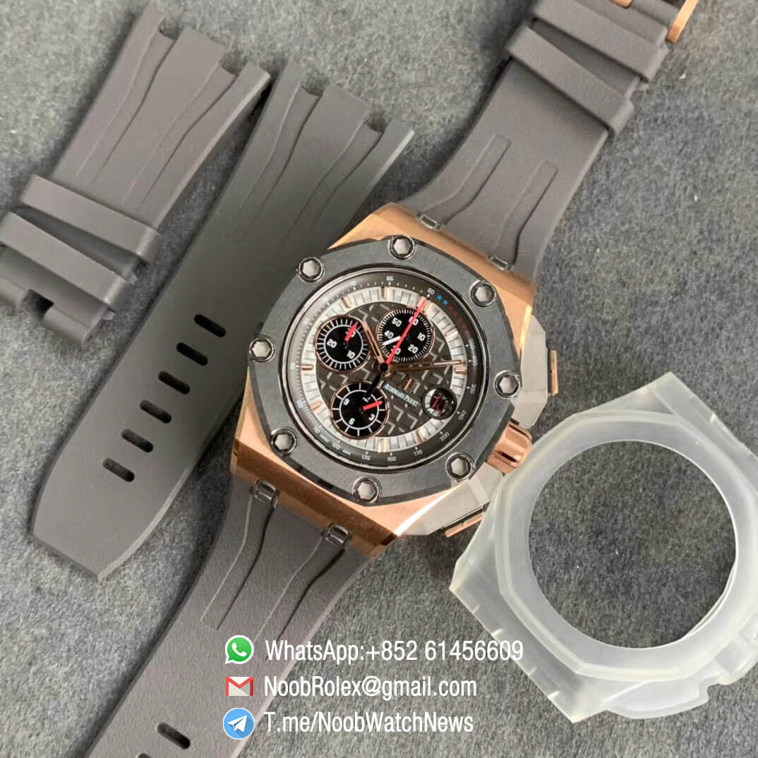 JF Best Edition Royal Oak Offshore 26568OM Michael Schumacher Rose Gold Case Cermet Bezel Grey Dial Black Chrono Sub Dial A3126 09