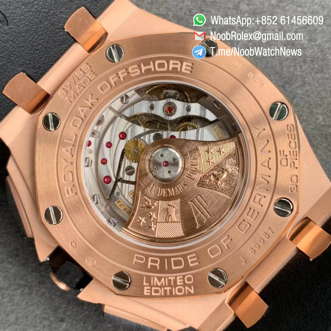 JF Sup Clone Royal Oak Offshore 26416RO Pride of Germany Limited Edition 44mm Rose Gold Plated Case on Black Rubber Strap A3126 08