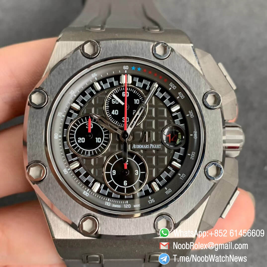 JF Top Replica Swiss Watch Royal Oak Offshore 44mm Steel Case Titanium Caseback Michael Schumacher Grey Dial Black Sub Dial Grey Rubber Strap A3126 Calibre 01