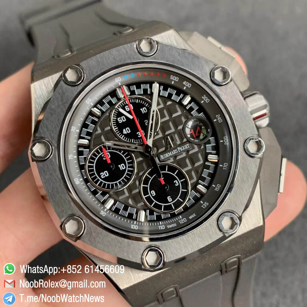 JF Top Replica Swiss Watch Royal Oak Offshore 44mm Steel Case Titanium Caseback Michael Schumacher Grey Dial Black Sub Dial Grey Rubber Strap A3126 Calibre 02