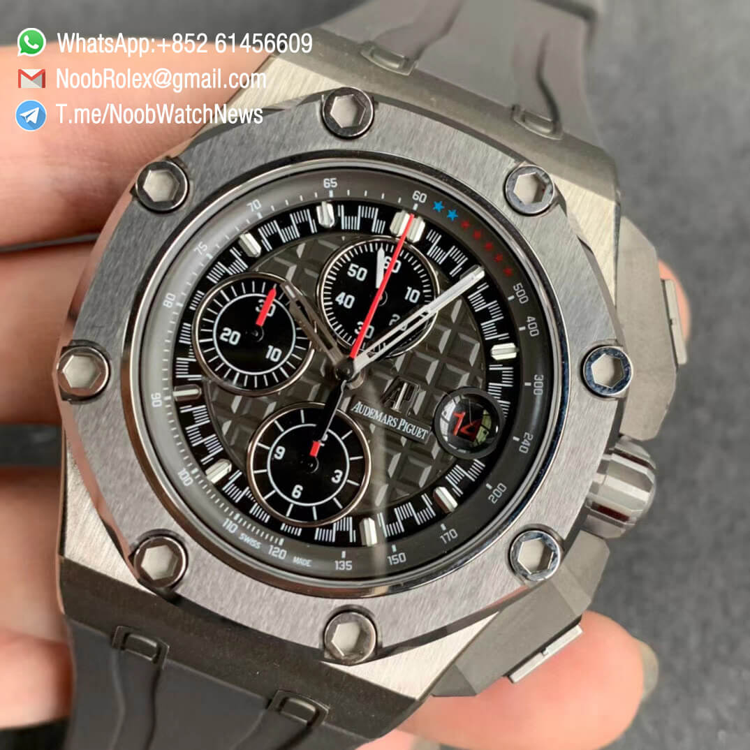 JF Top Replica Swiss Watch Royal Oak Offshore 44mm Steel Case Titanium Caseback Michael Schumacher Grey Dial Black Sub Dial Grey Rubber Strap A3126 Calibre 03