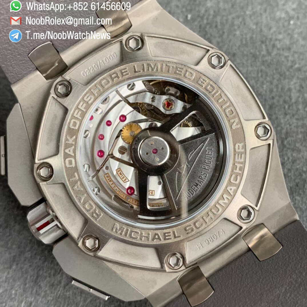 JF Top Replica Swiss Watch Royal Oak Offshore 44mm Steel Case Titanium Caseback Michael Schumacher Grey Dial Black Sub Dial Grey Rubber Strap A3126 Calibre 08